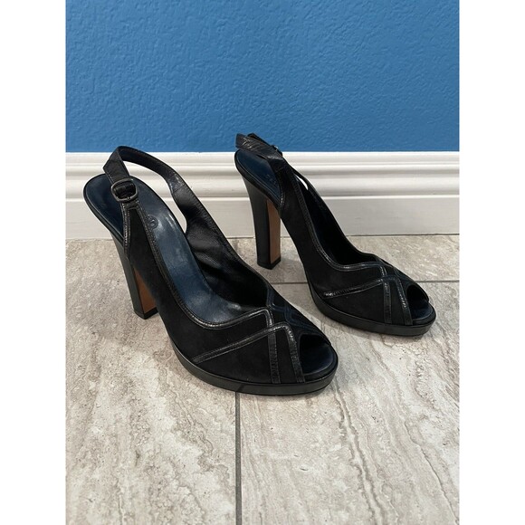 COLE HAAN Black Leather Suede Slingback Peep Toe Heel Pumps D20981 Size 8.5 B - Picture 1 of 11
